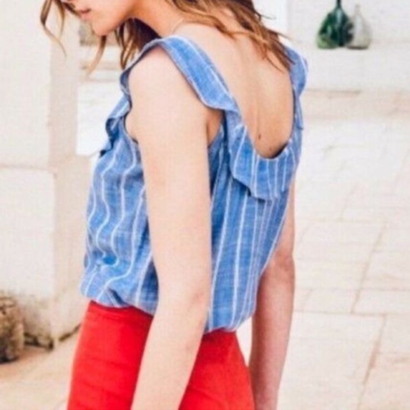 SEZANE Button Up Front Ruffled Striped Tank Top - Picture 2 of 12
